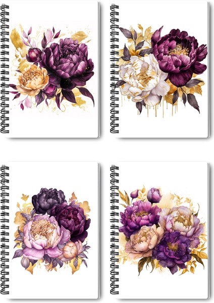 Doğa Temalı Renli Çiçekler Tasarım Tel Spiralli 4'lü Hatıra, Günlük, Ajanda, Anı, Okul Defter Seti