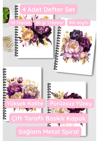 Doğa Temalı Renli Çiçekler Tasarım Tel Spiralli 4'lü Hatıra, Günlük, Ajanda, Anı, Okul Defter Seti