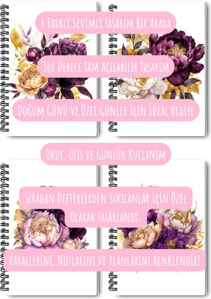 Doğa Temalı Renli Çiçekler Tasarım Tel Spiralli 4'lü Hatıra, Günlük, Ajanda, Anı, Okul Defter Seti