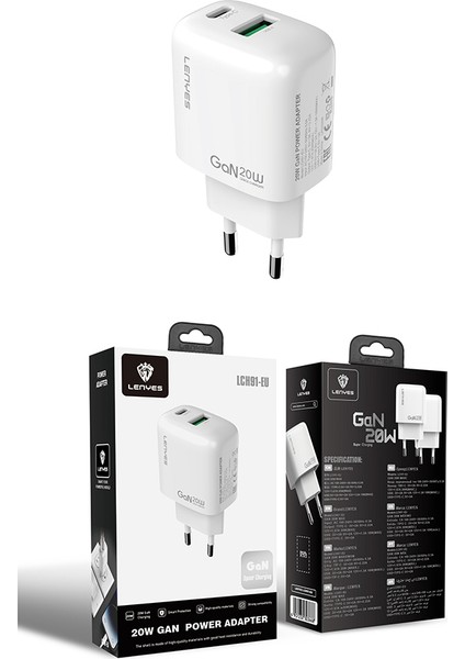 LCH91 Type-C ve USB Gan Teknolojili Pd Hızlı Şarj Özellikli Şarj Başlığı 20W Beyaz