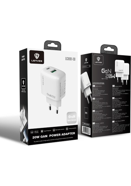LCH91 Type-C ve USB Gan Teknolojili Pd Hızlı Şarj Özellikli Şarj Başlığı 20W Beyaz
