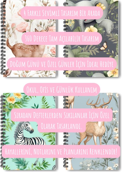 Yavru Sevimli Hayvanlar No:1 Tasarım Tel Spiralli 4'lü Hatıra, Günlük, Ajanda, Okul Defter Seti