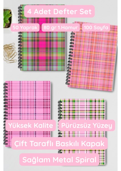 Vintage Ekose Desenli Tasarım Tel Spiralli 4'lü Hatıra, Günlük, Ajanda, Anı, Okul Defter Seti