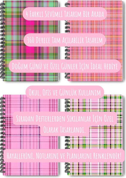 Vintage Ekose Desenli Tasarım Tel Spiralli 4'lü Hatıra, Günlük, Ajanda, Anı, Okul Defter Seti