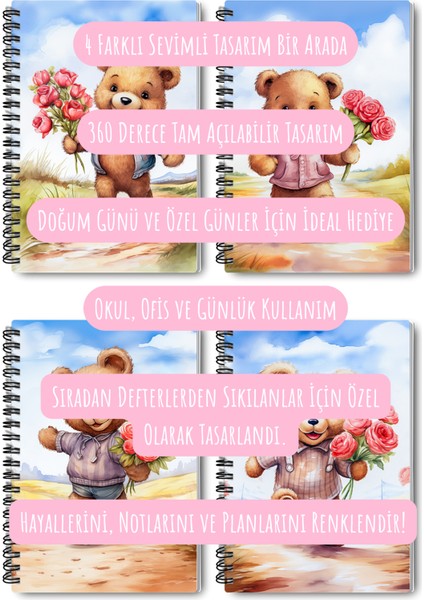 Sevimli Ayıcıklar Tasarım Tel Spiralli 4'lü Hatıra, Günlük, Ajanda, Anı, Okul Defter Seti
