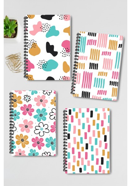 Sevimli Doodle Desenli Tasarım Tel Spiralli 4'lü Hatıra, Günlük, Ajanda, Anı, Okul Defter Seti