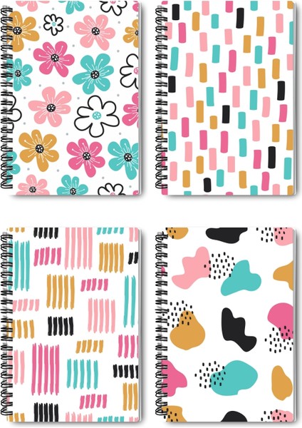 Sevimli Doodle Desenli Tasarım Tel Spiralli 4'lü Hatıra, Günlük, Ajanda, Anı, Okul Defter Seti