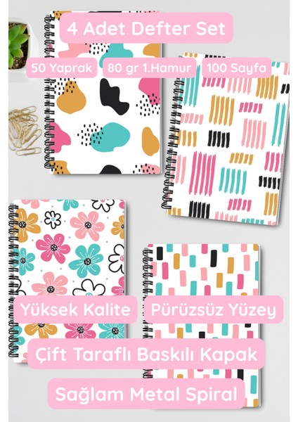 Sevimli Doodle Desenli Tasarım Tel Spiralli 4'lü Hatıra, Günlük, Ajanda, Anı, Okul Defter Seti