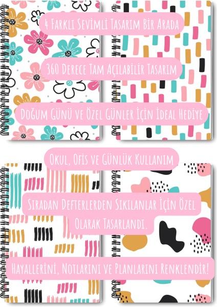Sevimli Doodle Desenli Tasarım Tel Spiralli 4'lü Hatıra, Günlük, Ajanda, Anı, Okul Defter Seti