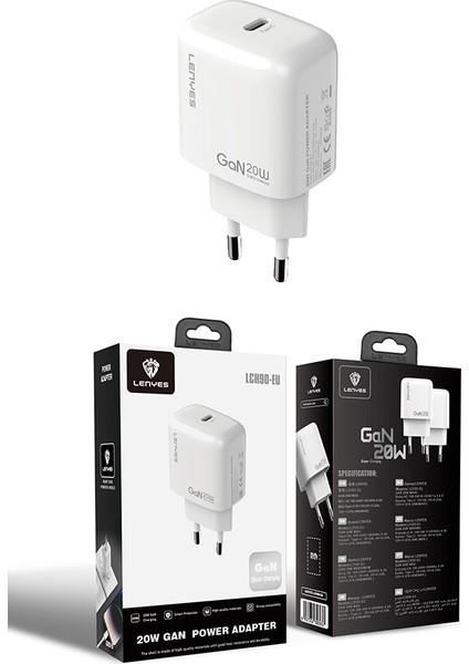 LCH90 Type-C Gan Teknolojili Pd Hızlı Şarj Özellikli Şarj Başlığı 20W Beyaz