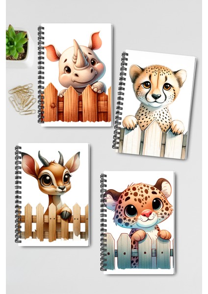 Sevimli Hayvanlar No:5 Tasarım Tel Spiralli 4'lü Hatıra, Günlük, Ajanda, Anı, Okul Defter Seti