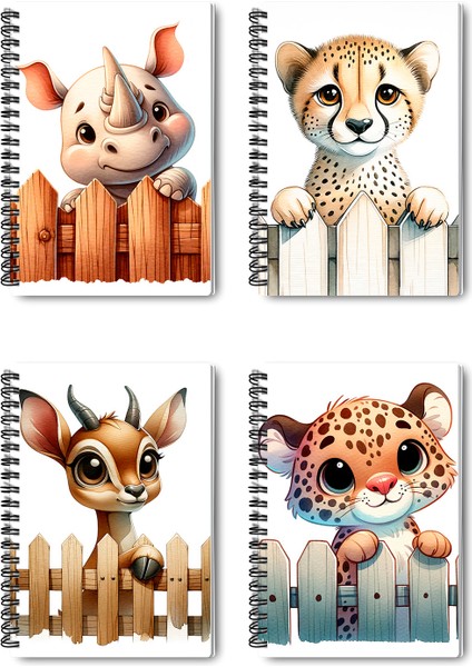 Sevimli Hayvanlar No:5 Tasarım Tel Spiralli 4'lü Hatıra, Günlük, Ajanda, Anı, Okul Defter Seti