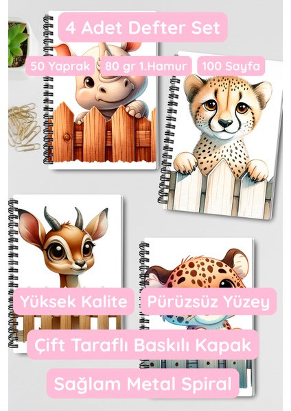 Sevimli Hayvanlar No:5 Tasarım Tel Spiralli 4'lü Hatıra, Günlük, Ajanda, Anı, Okul Defter Seti