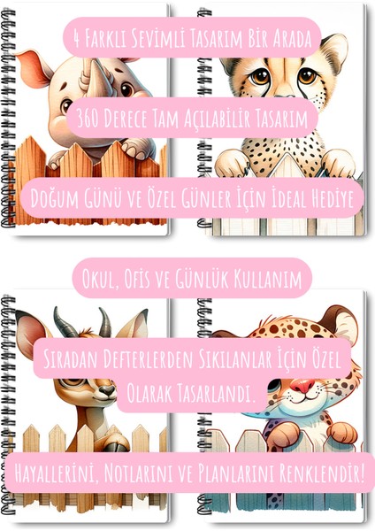 Sevimli Hayvanlar No:5 Tasarım Tel Spiralli 4'lü Hatıra, Günlük, Ajanda, Anı, Okul Defter Seti