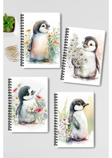 Sevimli Penguen Tasarım Tel Spiralli 4'lü Hatıra, Günlük, Ajanda, Anı, Okul Defter Seti