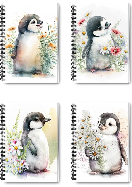 Sevimli Penguen Tasarım Tel Spiralli 4'lü Hatıra, Günlük, Ajanda, Anı, Okul Defter Seti