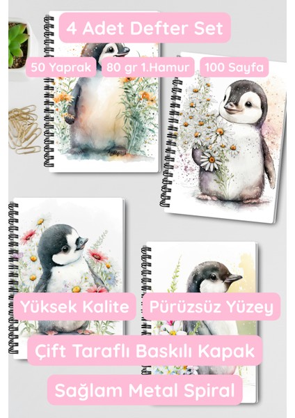 Sevimli Penguen Tasarım Tel Spiralli 4'lü Hatıra, Günlük, Ajanda, Anı, Okul Defter Seti