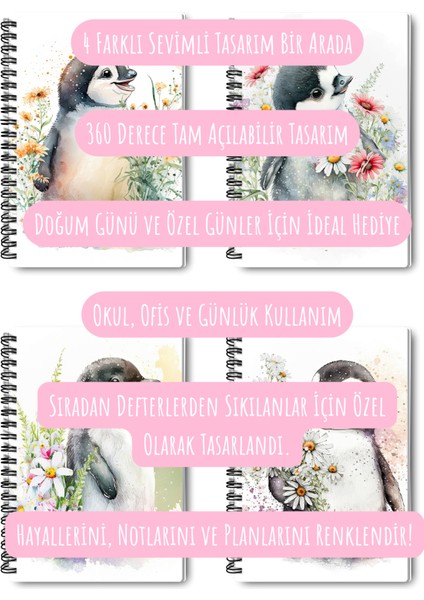 Sevimli Penguen Tasarım Tel Spiralli 4'lü Hatıra, Günlük, Ajanda, Anı, Okul Defter Seti