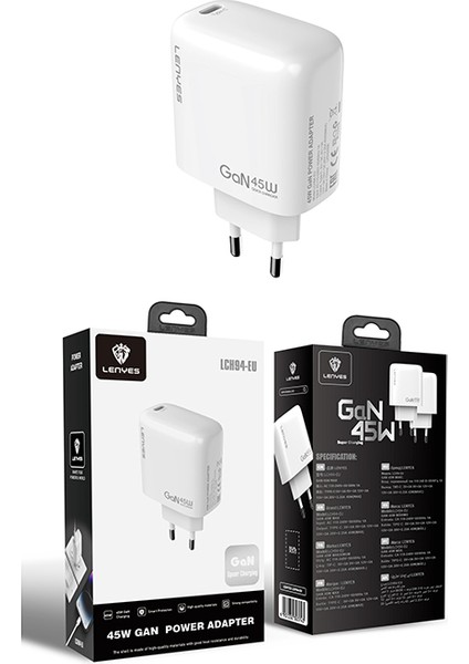 LCH94 Type-C Gan Teknolojili Pd Hızlı Şarj Özellikli Şarj Başlığı 45W Beyaz