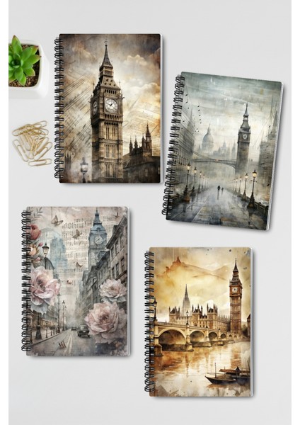 Londra Temalı Tasarım Tel Spiralli 4'lü Hatıra, Günlük, Ajanda, Anı, Okul Defter Seti