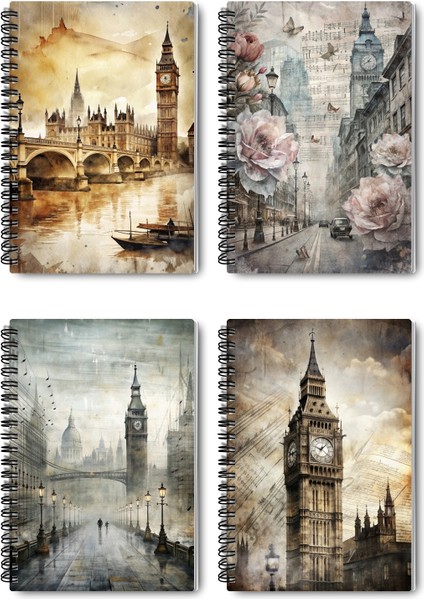 Londra Temalı Tasarım Tel Spiralli 4'lü Hatıra, Günlük, Ajanda, Anı, Okul Defter Seti