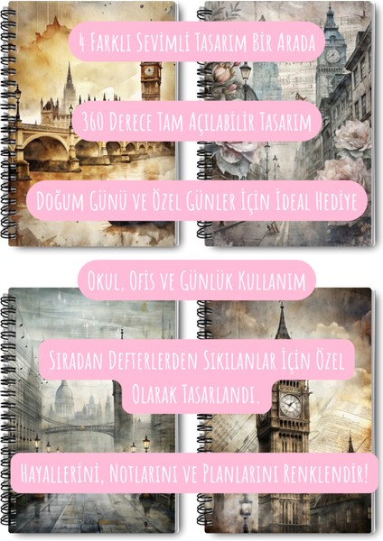 Londra Temalı Tasarım Tel Spiralli 4'lü Hatıra, Günlük, Ajanda, Anı, Okul Defter Seti