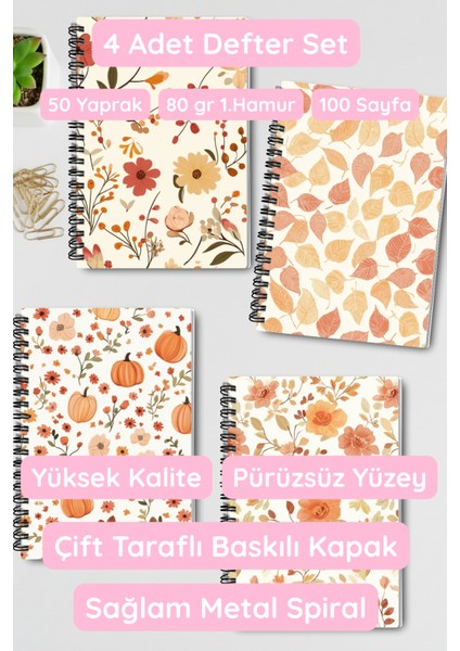 Sonbahar Yaprakları Tasarım Tel Spiralli 4'lü Hatıra, Günlük, Ajanda, Anı, Okul Defter Seti