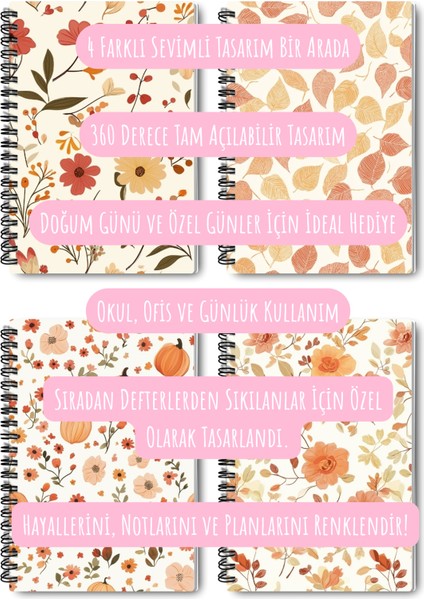 Sonbahar Yaprakları Tasarım Tel Spiralli 4'lü Hatıra, Günlük, Ajanda, Anı, Okul Defter Seti