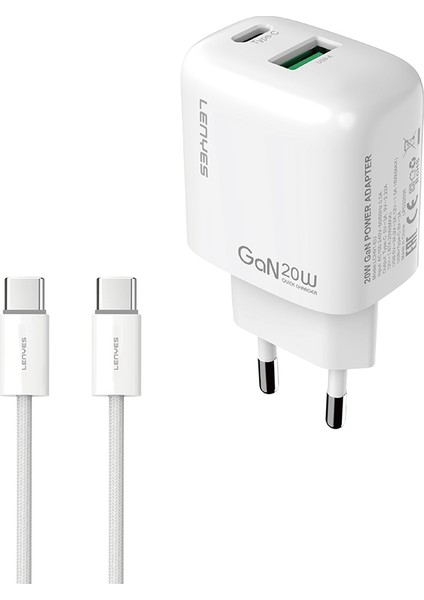 LCH91-TC-TC Type-C To Type-C Gan Teknolojili Pd ve USB Hızlı Şarjlı Şarj Seti 20W Beyaz
