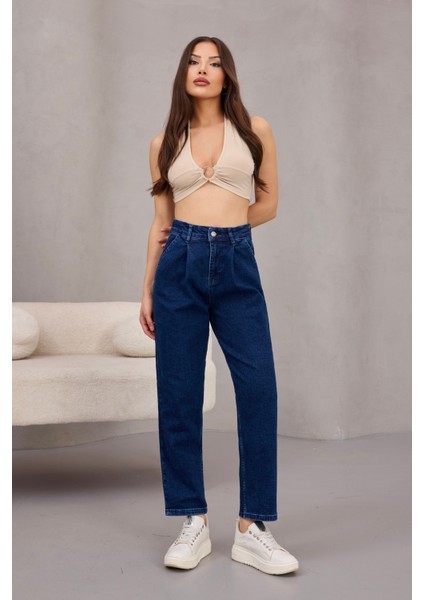 Kadın Yüksek Bel Likralı Pileli Mom Jeans fırsatları