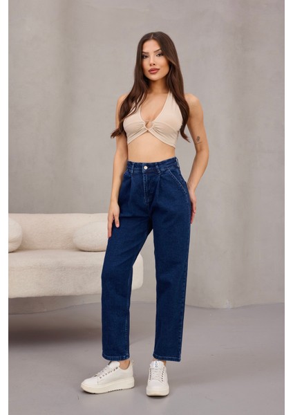 Kadın Yüksek Bel Likralı Pileli Mom Jeans indirimleri