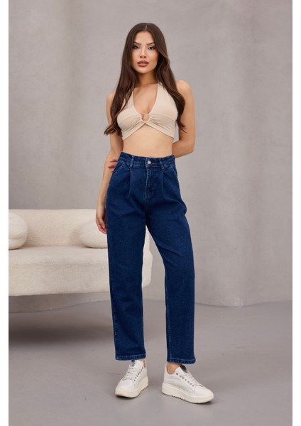 Kadın Yüksek Bel Likralı Pileli Mom Jeans