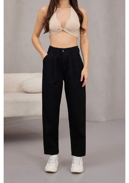 Kadın Yüksek Bel Likralı Pileli Mom Jeans