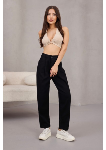 Kadın Yüksek Bel Likralı Pileli Mom Jeans indirimleri