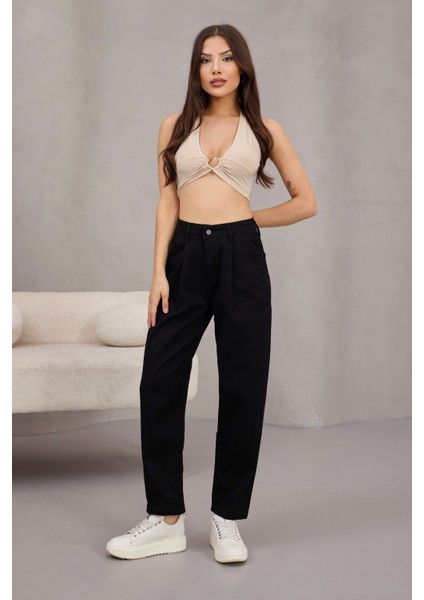 Kadın Yüksek Bel Likralı Pileli Mom Jeans