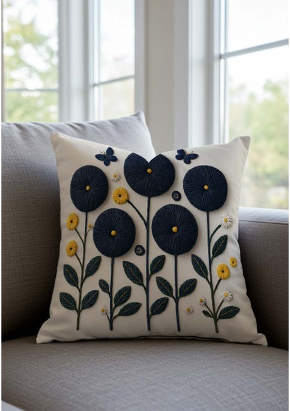 Punch Nakış Görünümlü Dijital Baskılı Laciverti Renkli Yaz Temalı Çiçekli 2li Kırlent Kılıfı Seti modelleri