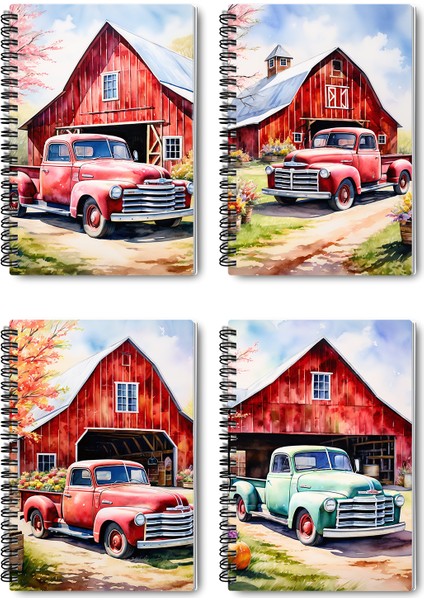 Vintage Araba Çiftlik Tasarım Tel Spiralli 4'lü Hatıra, Günlük, Ajanda, Anı, Okul Defter Seti
