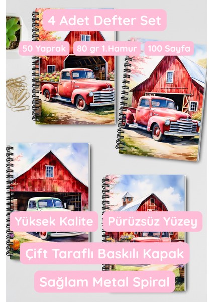 Vintage Araba Çiftlik Tasarım Tel Spiralli 4'lü Hatıra, Günlük, Ajanda, Anı, Okul Defter Seti