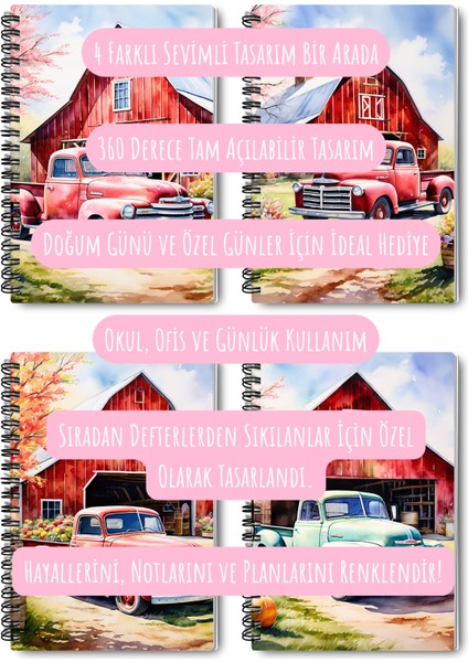 Vintage Araba Çiftlik Tasarım Tel Spiralli 4'lü Hatıra, Günlük, Ajanda, Anı, Okul Defter Seti