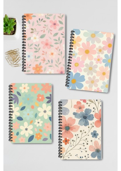 Pastel Renk Çiçekler Tasarım Tel Spiralli 4'lü Hatıra, Günlük, Ajanda, Anı, Okul Defter Seti