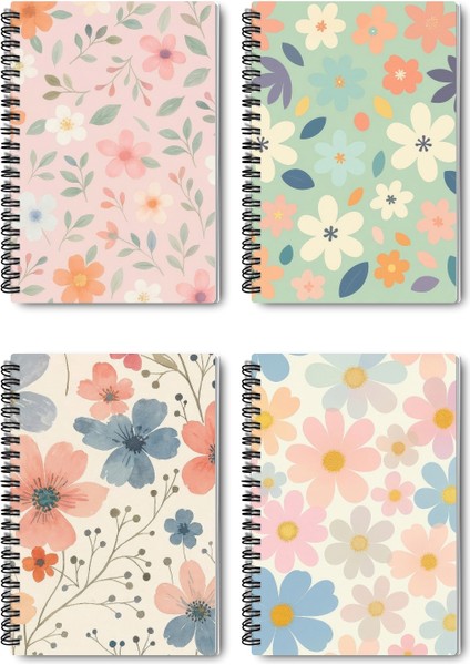 Pastel Renk Çiçekler Tasarım Tel Spiralli 4'lü Hatıra, Günlük, Ajanda, Anı, Okul Defter Seti
