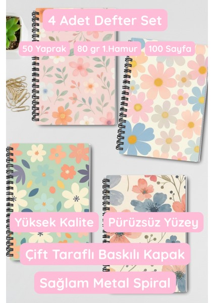 Pastel Renk Çiçekler Tasarım Tel Spiralli 4'lü Hatıra, Günlük, Ajanda, Anı, Okul Defter Seti