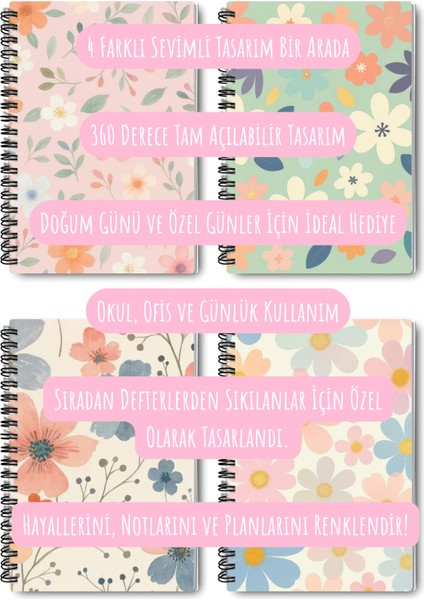 Pastel Renk Çiçekler Tasarım Tel Spiralli 4'lü Hatıra, Günlük, Ajanda, Anı, Okul Defter Seti