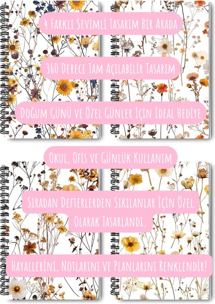 Sonbahar Yaban Çiçekleri Tasarım Tel Spiralli 4'lü Hatıra, Günlük, Ajanda, Anı, Okul Defter Seti