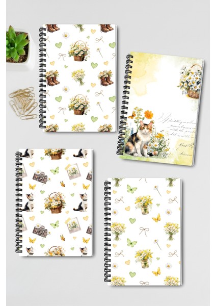 Papatya ve Kır Çiçekleri Tasarım Tel Spiralli 4'lü Hatıra, Günlük, Ajanda, Anı, Okul Defter Seti