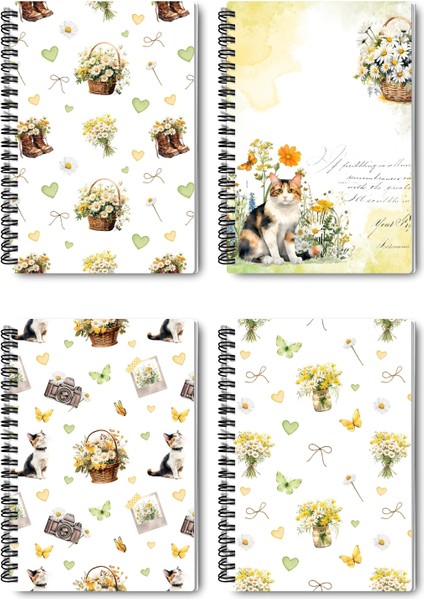 Papatya ve Kır Çiçekleri Tasarım Tel Spiralli 4'lü Hatıra, Günlük, Ajanda, Anı, Okul Defter Seti