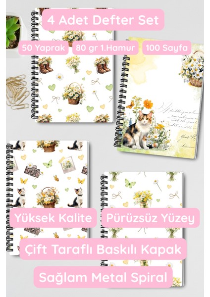 Papatya ve Kır Çiçekleri Tasarım Tel Spiralli 4'lü Hatıra, Günlük, Ajanda, Anı, Okul Defter Seti