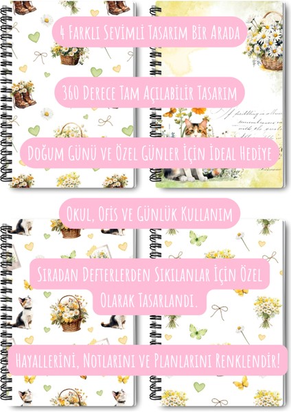 Papatya ve Kır Çiçekleri Tasarım Tel Spiralli 4'lü Hatıra, Günlük, Ajanda, Anı, Okul Defter Seti