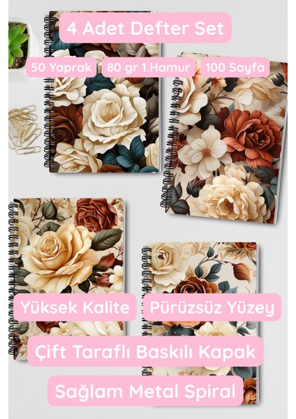 Minik Kuşlar No:1 Tasarım Tel Spiralli 4'lü Hatıra, Günlük, Ajanda, Anı, Okul Defter Seti