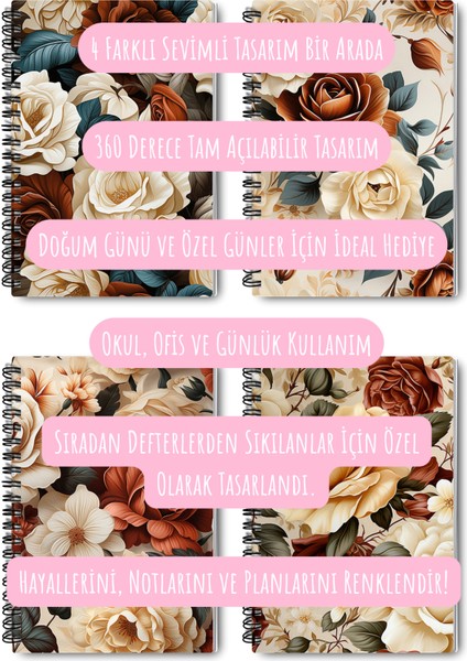 Minik Kuşlar No:1 Tasarım Tel Spiralli 4'lü Hatıra, Günlük, Ajanda, Anı, Okul Defter Seti